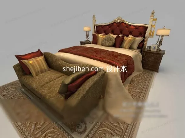 Double Bed Elegant Style With Mattress 3d model