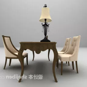 European Wood Desk Table Chairs 3d model