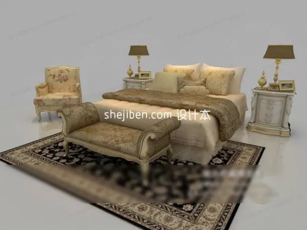 Old Style Bed With Red Blanket 3d model