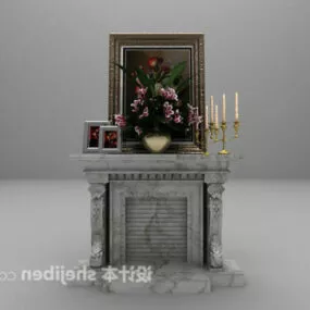 European Grey Stone Fireplace With Painting 3d model