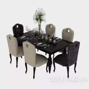 Black Dining Table With High Back Chairs 3d model
