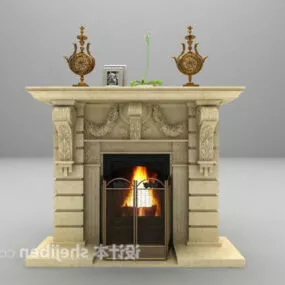 British European Grey Stone Fireplace 3d model