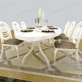 European White Wood Round Table With Chairs 3d model