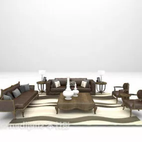 European Wood Sofa Chair Table Set 3d model
