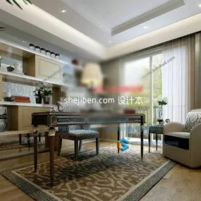 European Study Room Interior Scene 3d model
