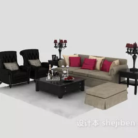 European Fabric Sofa With Armchair And Table 3d model