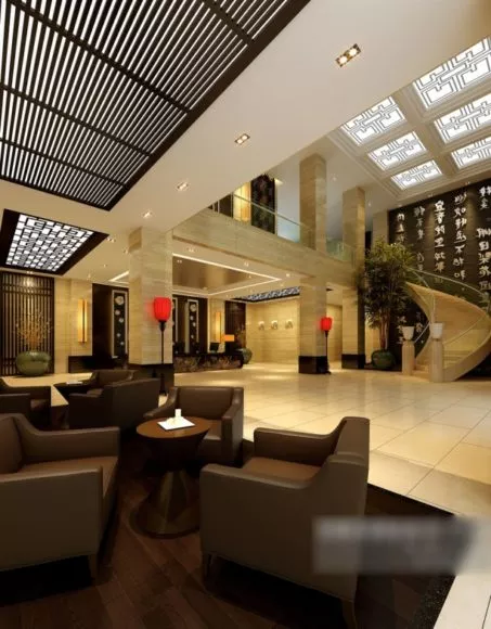 Office Hall With Multiple Rectangular Ceiling Lamp 3d model