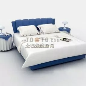 European Bed Blue White Color 3d model