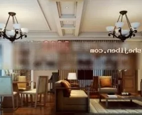 Living Room Interior Scene Wood Sofa Chair 3d model