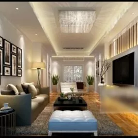 Living Room Interior Scene With Luxury Chandelier 3d model