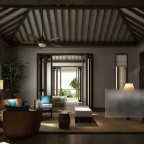 Living Room Interior Scene With Ceiling Decoration 3d model
