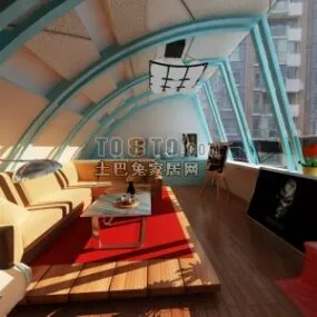 Loft Room Interior With Bed 3d model