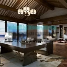 Manager Desk Wooden Style Interior Scene 3d model