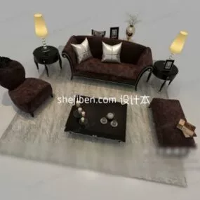 Brown Fabric Sofa Coffee Table Set 3d model