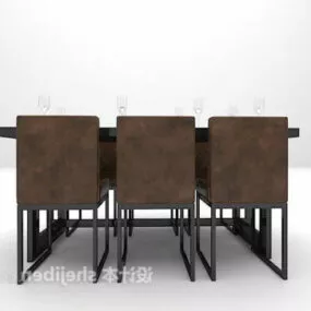 Modern Dining Table Brown Leather Chair 3d model
