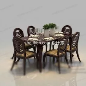 Natural Wood Dining Table Chairs Set 3d model