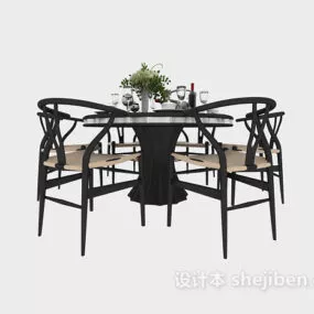 Modern Wood Round Dining Table Chairs Set 3d model