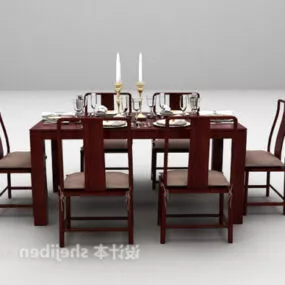 Red Wood Dinning Table And Chair 3d model