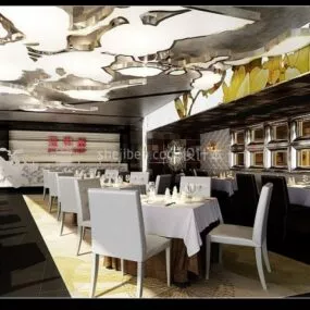Restaurant Interior Scene With Ceiling Decoration 3d model