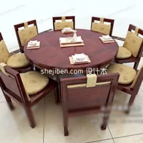 Wood Round Dining Table With Chairs 3d model