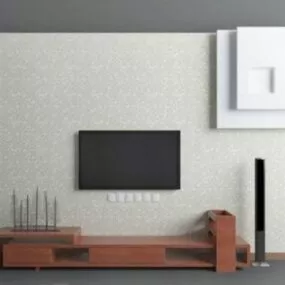 Tv Wall With Red Wood Cabinet 3d model