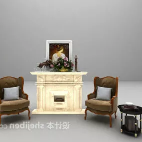 White Fireplace European With Chairs 3d model
