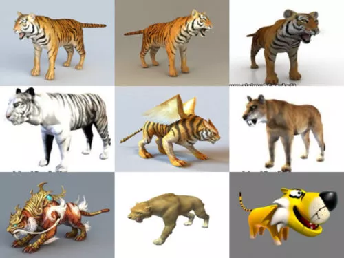 10 OBJ Tiger 3D Models Collection