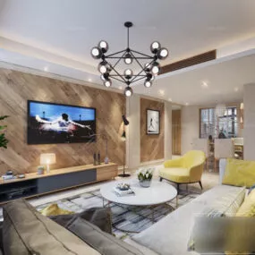 Wooden Wall Living Room Interior Scene 3d model