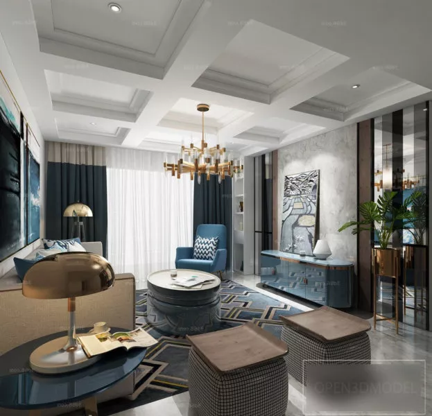 Mid Century Living Room Interior Scene 3d model Mid Century Living Room Interior Scene 3d model