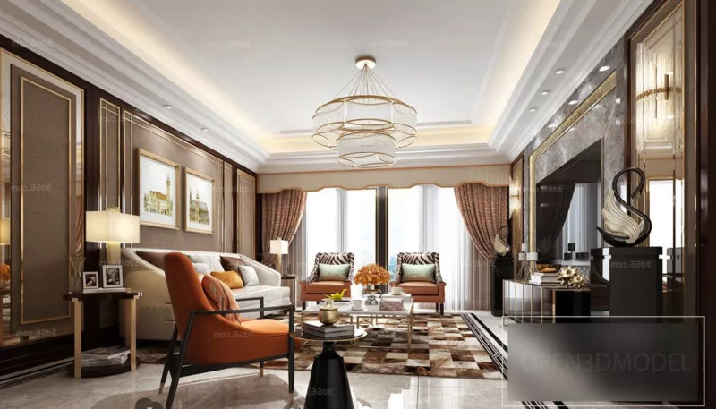 Retro European Style Living Room Interior Scene 3d model Retro European Style Living Room Interior Scene 3d model