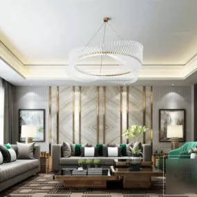 Contemporary Chandelier Living Room Interior Scene 3d model