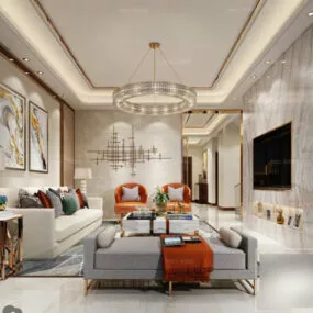 Interior Scene Of White Living Room With Television 3d model