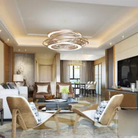 Wooden Modern Style Living Room Interior Scene 3d model