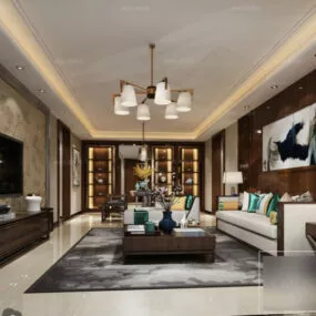 Asian Home Large Living Room Interior Scene 3d model