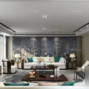 Floral Wall Living Room Interior Scene 3d model