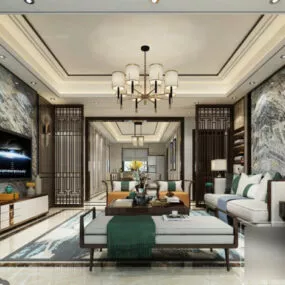 Retro Vintage Chinese Living Room Interior Scene 3d model