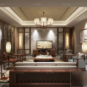 Traditional Wooden Living Room Interior Scene 3d model