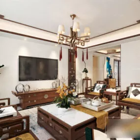 Chinese Living Room With Wood Furniture Interior Scene 3d model