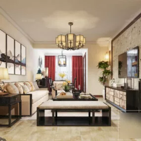 Asian Retro Living Room Interior Scene 3d model