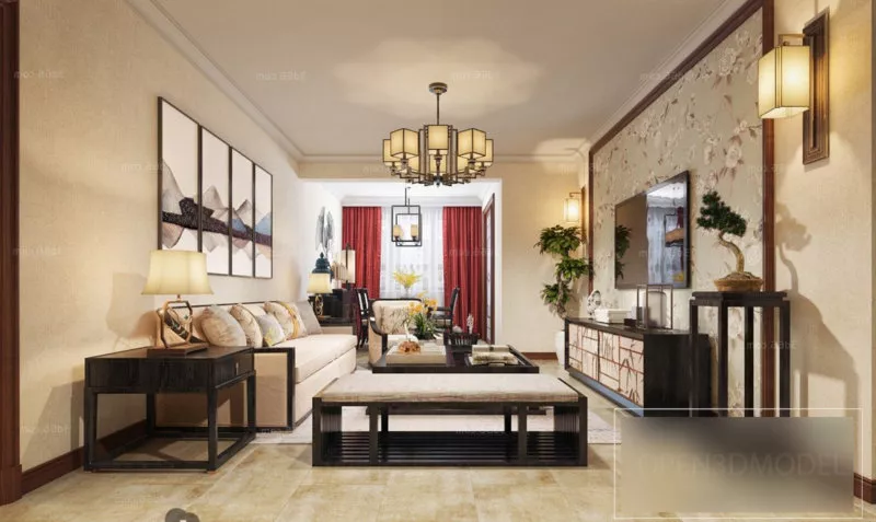 Asian Retro Living Room Interior Scene 3d model Asian Retro Living Room Interior Scene 3d model