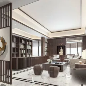 Chinese Style Interior Scene Of Wooden Living Room 3d model