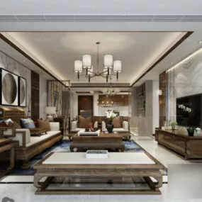 Retro Chinese Wooden Marble Living Room Interior Scene 3d model