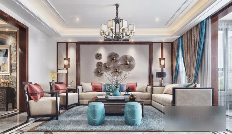 Mid Century Chinese Living Room Interior Scene 3d model Mid Century Chinese Living Room Interior Scene 3d model