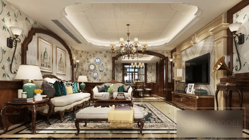 American Antique Living Room Interior Scene 3d model American Antique Living Room Interior Scene 3d model
