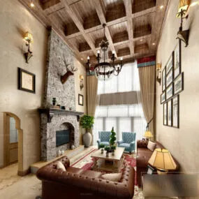 American Duplex Living Room With Fireplace Interior Scene 3d model