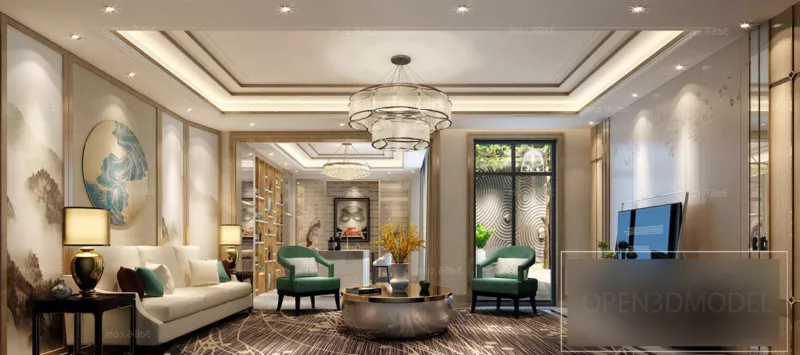 Luxurious Living Room Interior Scene With Chandelier 3d model Luxurious Living Room Interior Scene With Chandelier 3d model