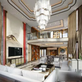 Duplex Living Room Interior Scene With Big Chandelier 3d model