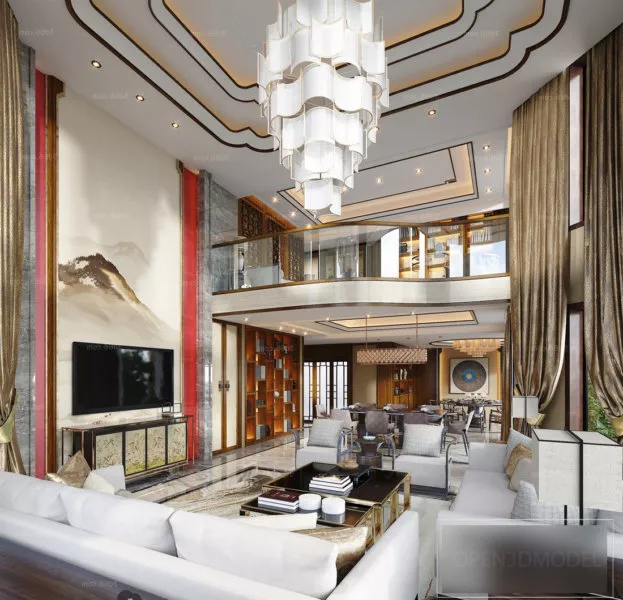 Duplex Living Room Interior Scene With Big Chandelier 3d model Duplex Living Room Interior Scene With Big Chandelier 3d model