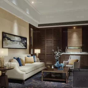 Antique Living Room Wooden Design Interior Scene 3d model