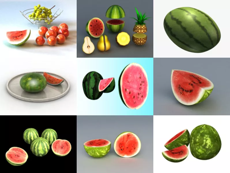 9 Realistic Watermelon 3D Models Collection